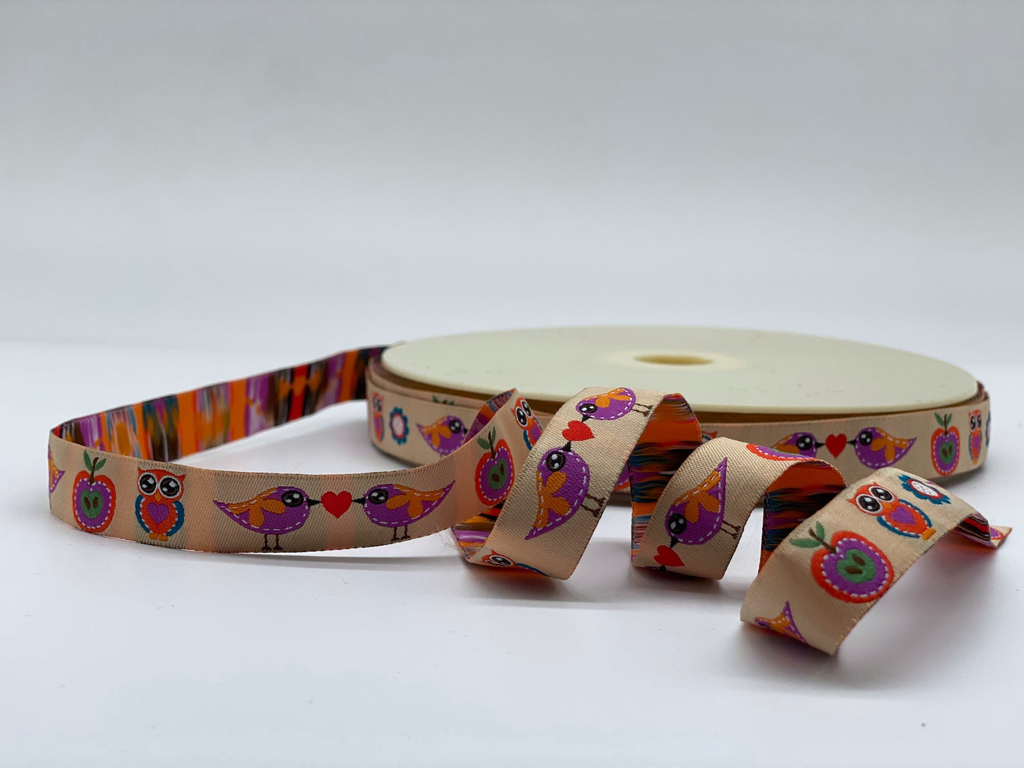 Webband Eule Vogel Apfel Beige