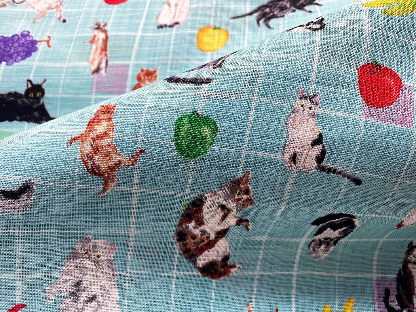 Baumwollstoff Katzen Karo Türkis