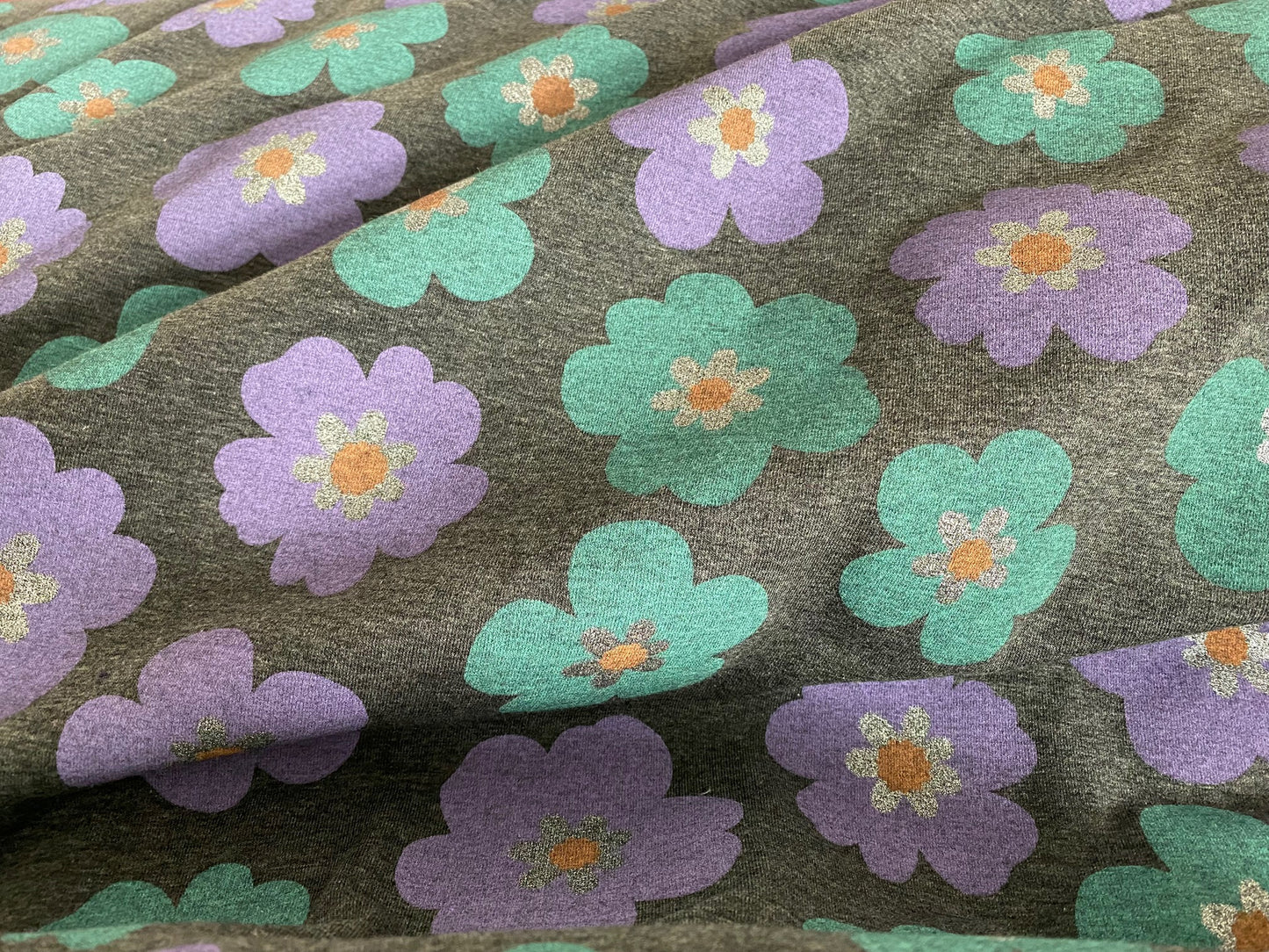 Jersey Glitzer-Blumen Lila Grün Grau