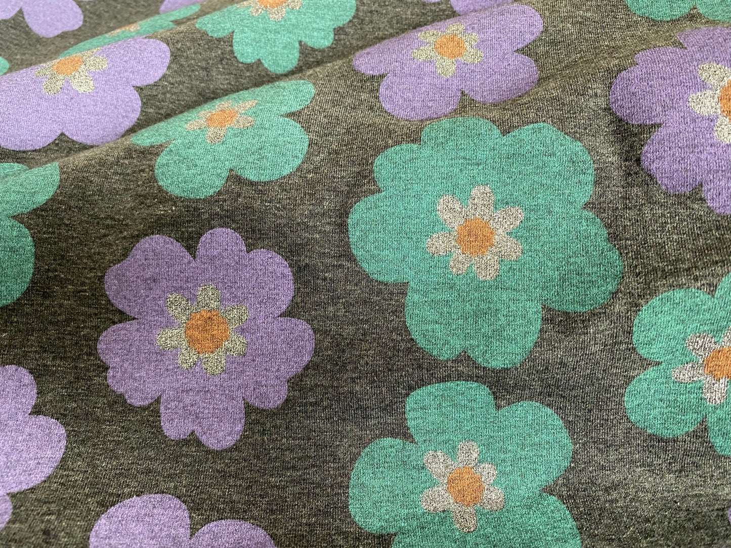 Jersey Glitzer-Blumen Lila Grün Grau