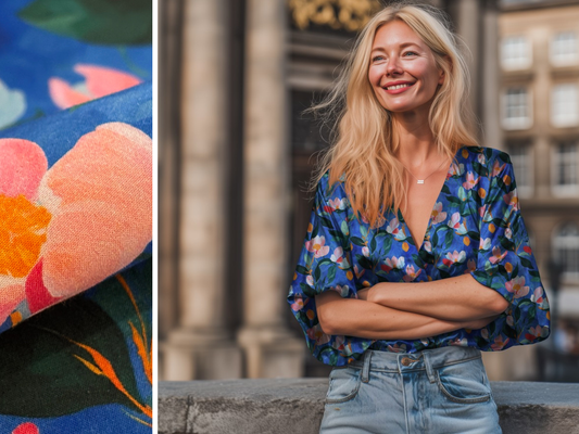 Viskose-Stretch Bunte Blumen Kobaltblau