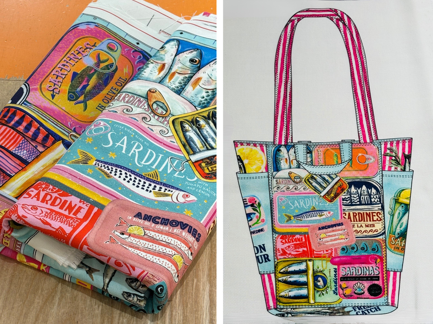 Baumwollstoff-Panel Tasche Marseille Sardines