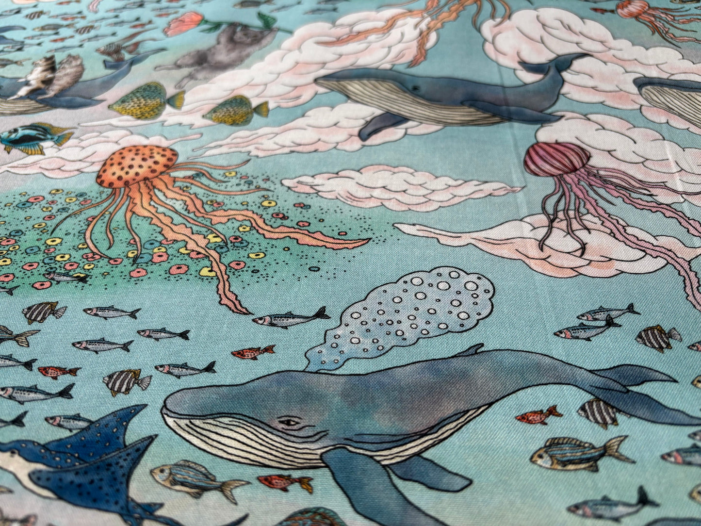 Baumwollstoff Wale und Katzen unter Wasser KOKKA