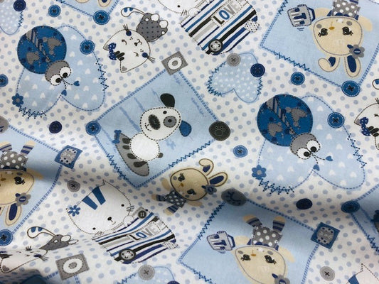 Kinderstoff Baby Hase & Katze Blau