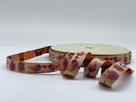 Webband Eule Vogel Apfel Beige