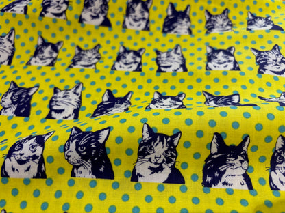 Baumwollstoff Katzen Gelb gepunktet
