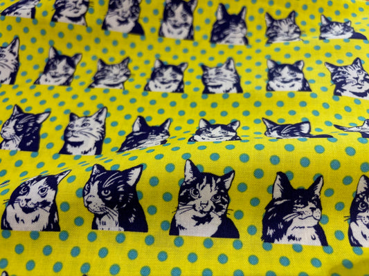 Baumwollstoff Katzen Gelb gepunktet