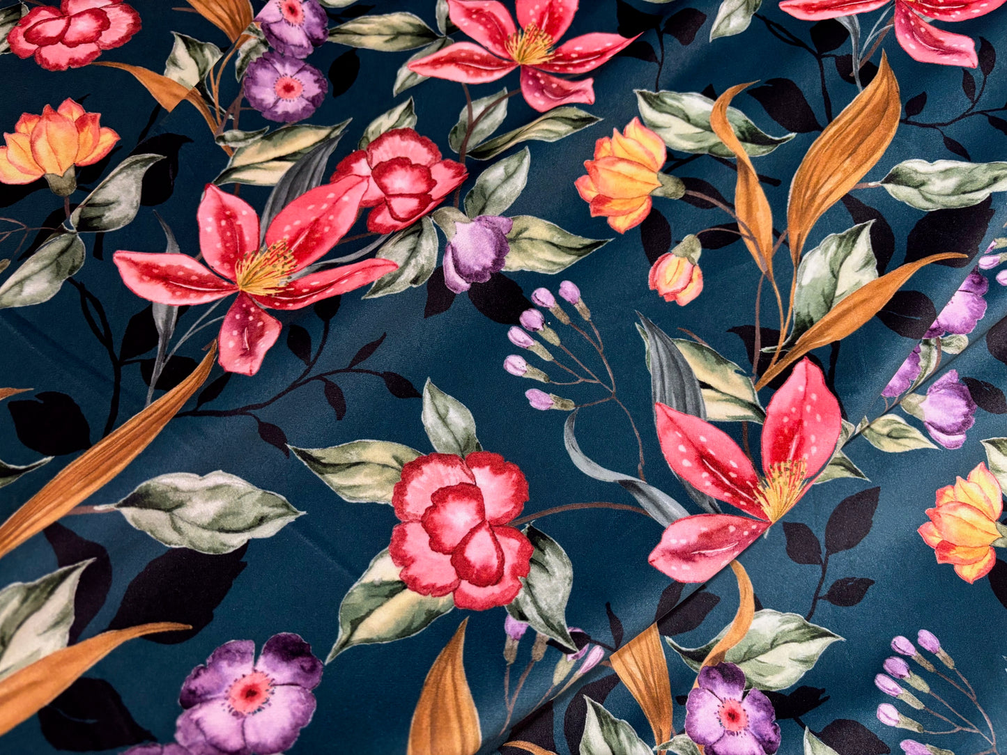 Samtstoff Velours Blumen Petrol