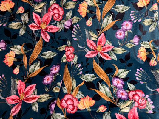 Samtstoff Velours Blumen Petrol