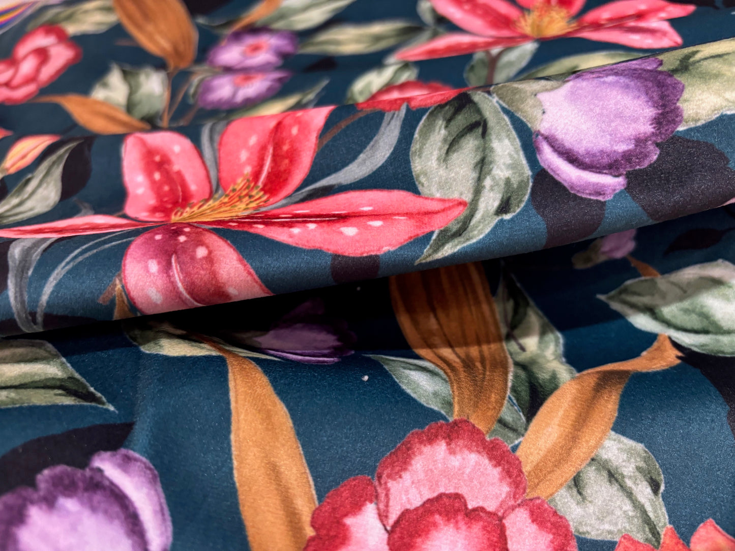 Samtstoff Velours Blumen Petrol