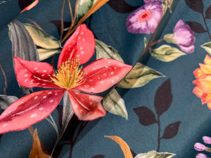 Samtstoff Velours Blumen Petrol