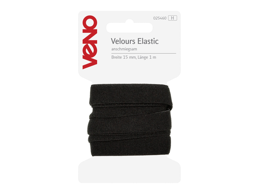 VENO Velours Elastic Gummiband 15 mm Schwarz 1 m