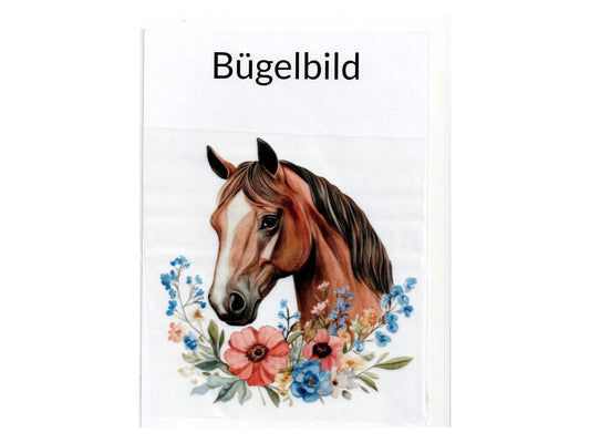 Großes Bügelbild Pferd mit Blumen