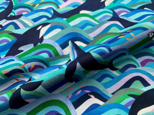 Baumwollstoff Whale Dance Wale Türkis