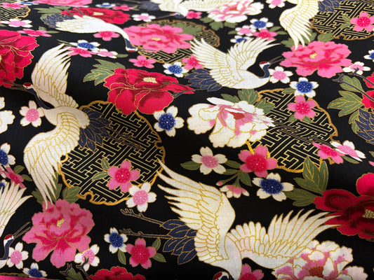 Baumwollstoff ASIA Kraniche Schwarz Pink Gold
