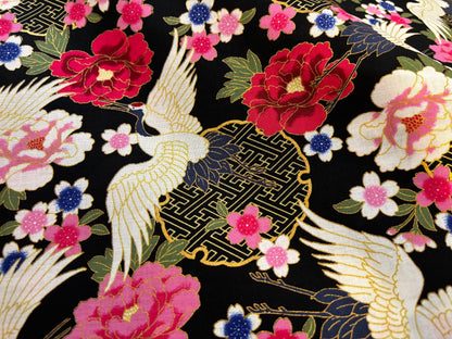 Baumwollstoff ASIA Kraniche Schwarz Pink Gold
