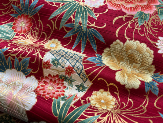 Baumwollstoff ASIA Blumen Dunkelrot Gelb Petrol Gold