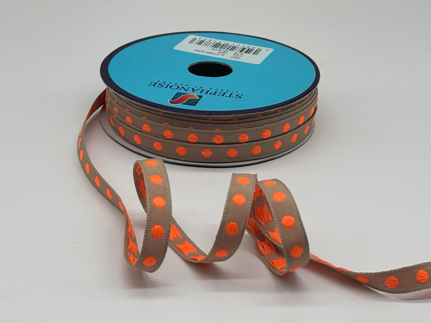 Webband Punkte Neonorange auf Beige