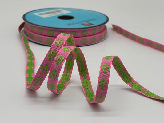 Webband Grüne Blümchen Pink