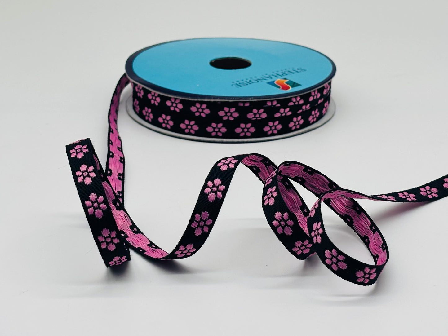 Webband Rosa Blümchen Schwarz