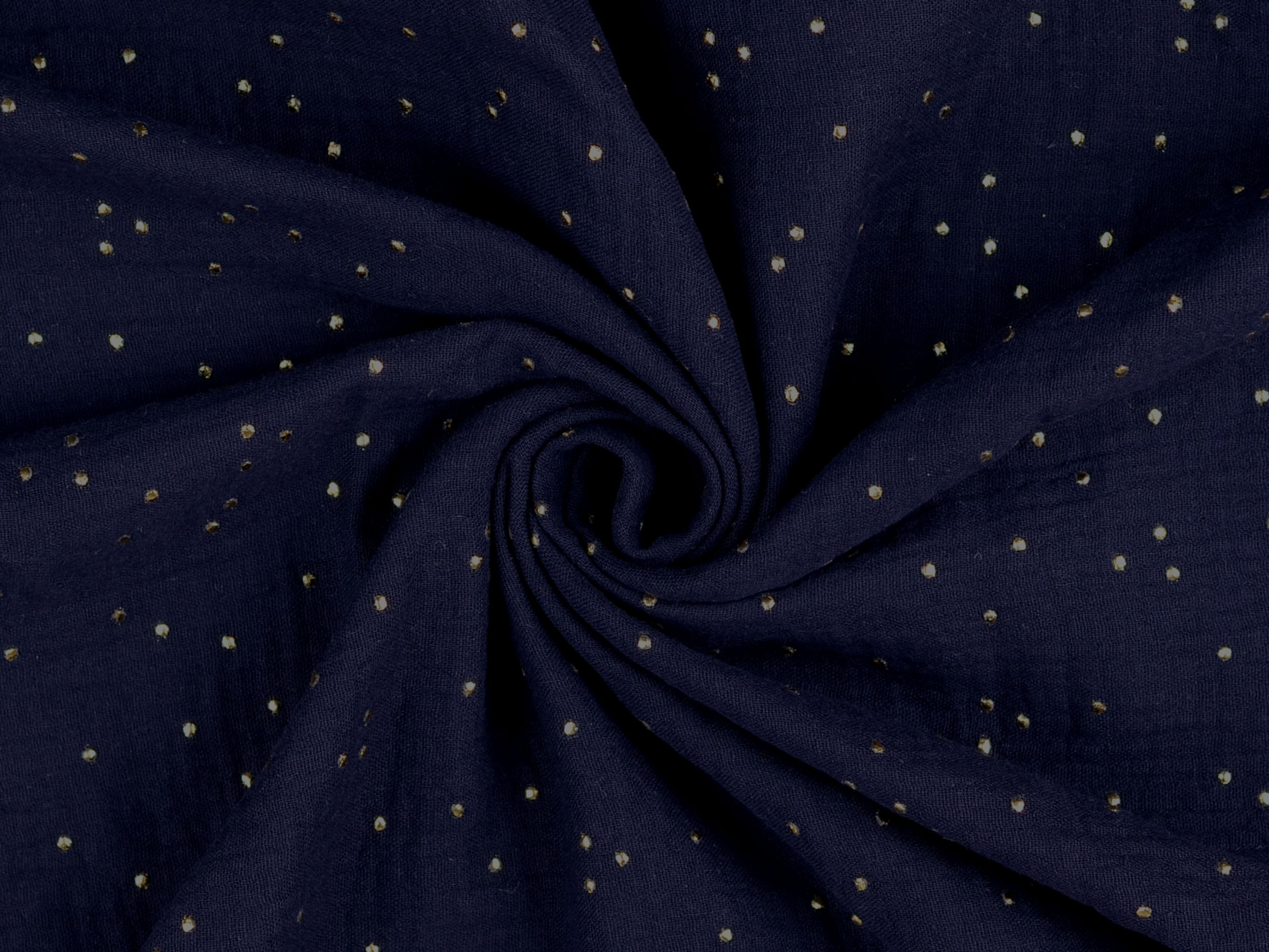 Musselin/Gauze Uni Dunkelblau Tupfen Gold metallic