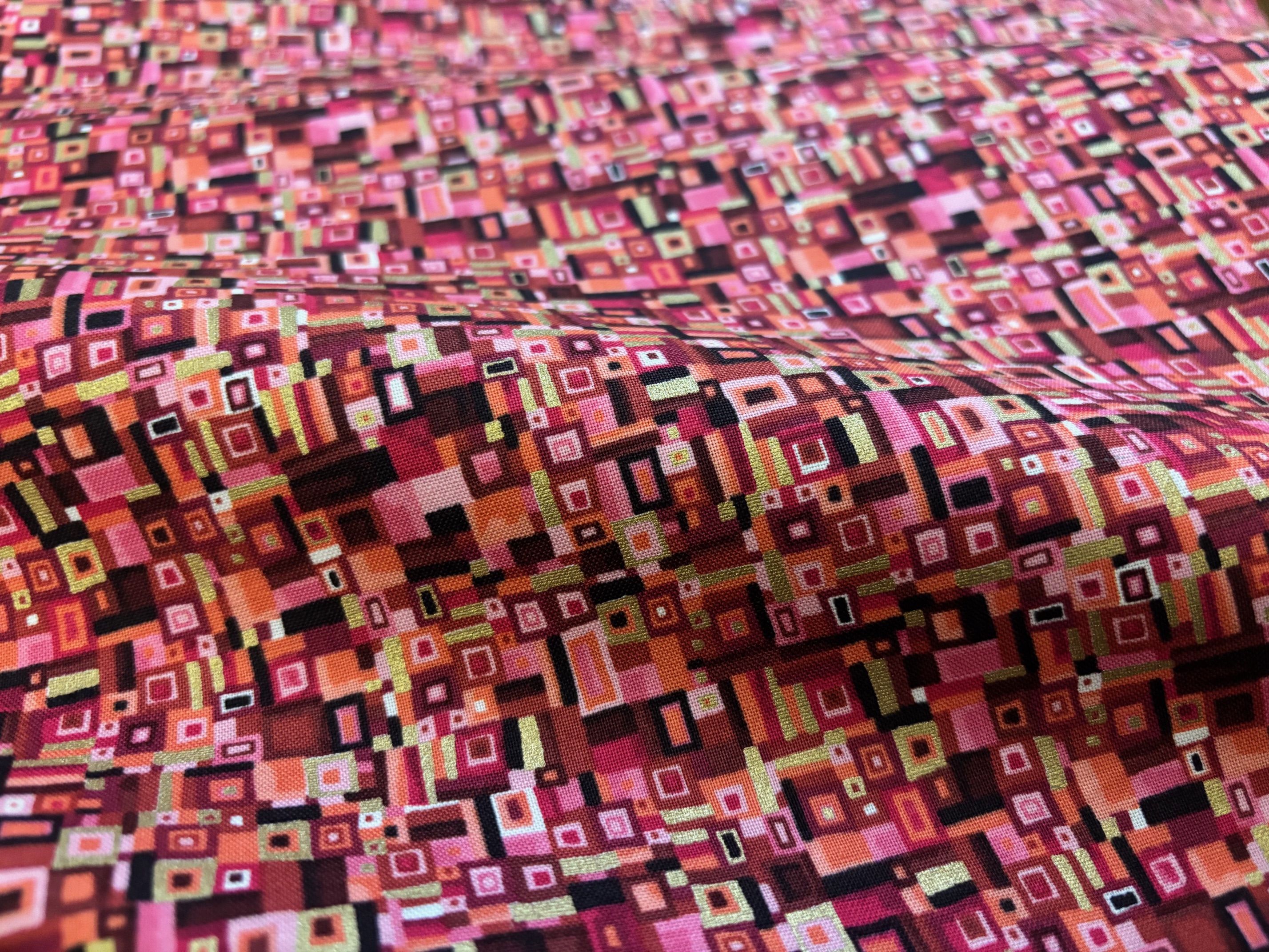 Baumwollstoff Kleines Muster Rot und Gold Metallic