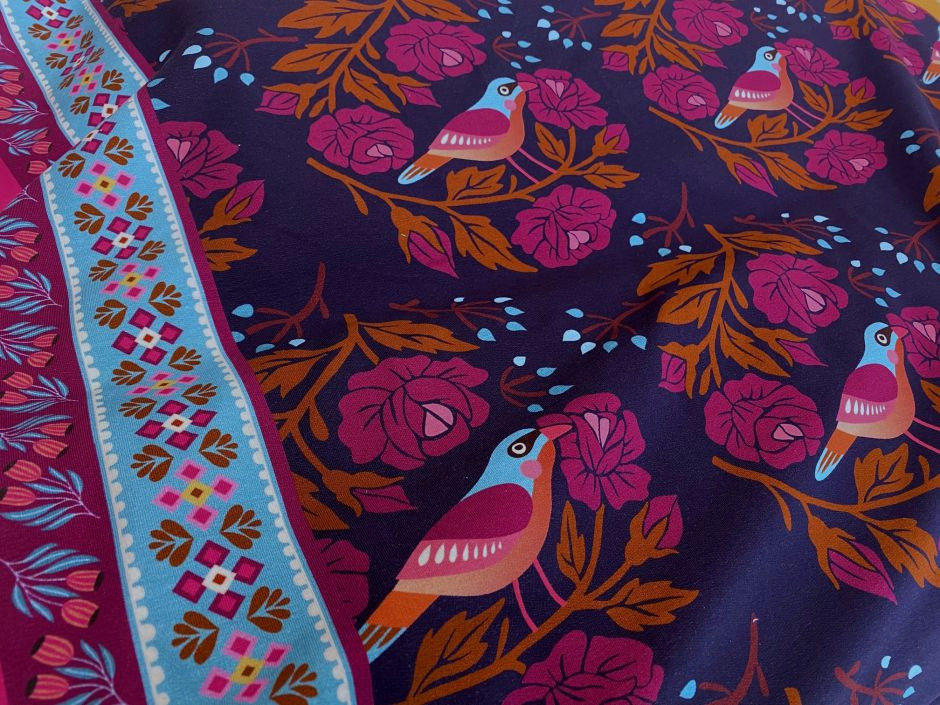 Bio-Sweatshirtstoff Glossy Rose  Vogel Dunkelblau Hamburger Liebe