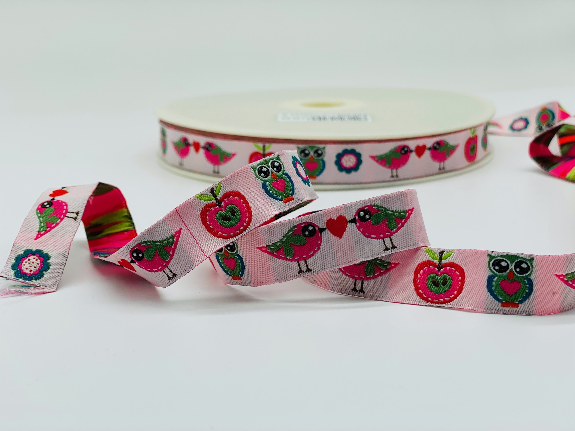 Webband Eule Vogel Apfel Pink Grün 15 mm