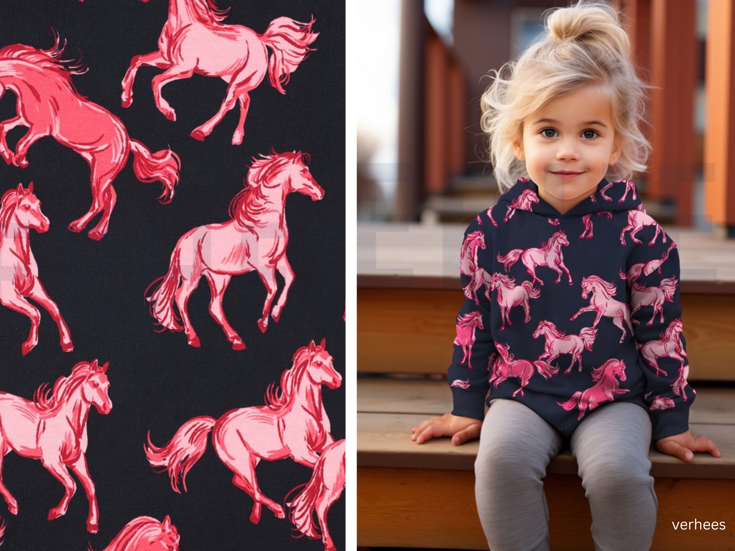 French Terry Pferde Pink Dunkelblau